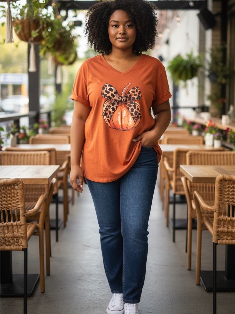 XL Orange Pumpkin Leopard Bow Fall Graphic Tee